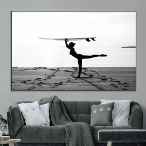 Yoga Surf Wall Art Canvas Print – Framed Black White Shore