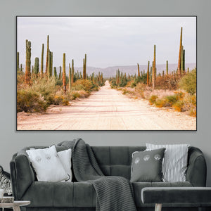 Desert Cactus Lined Road Wall Art Canvas Print – Framed