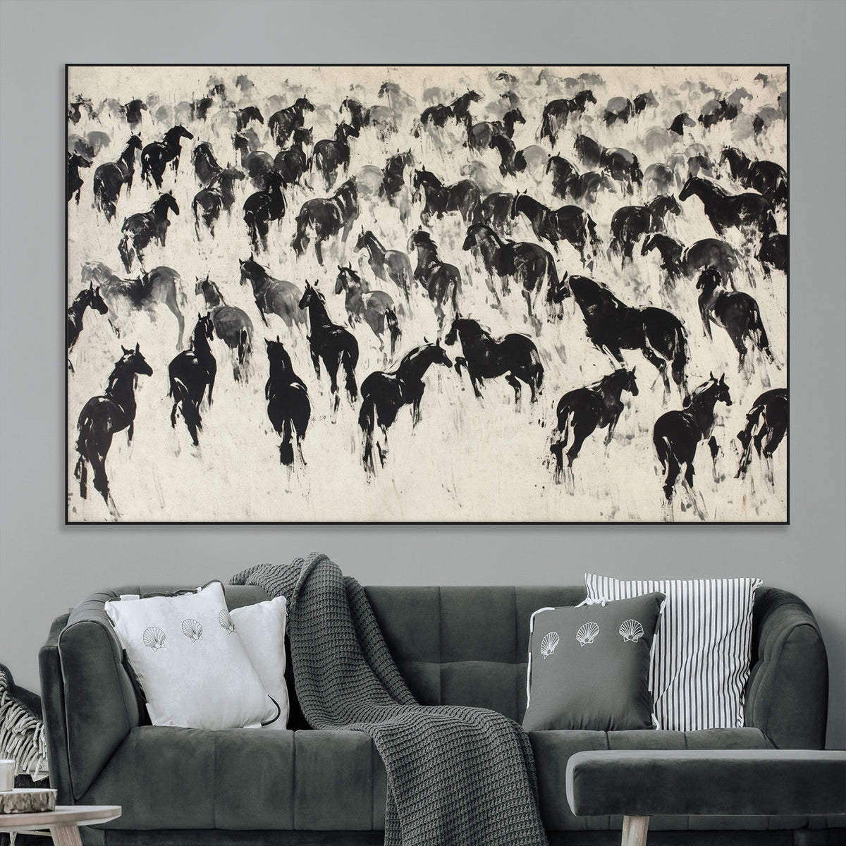 Wild Horse Stampede Wall Art Canvas Print – Monochrome