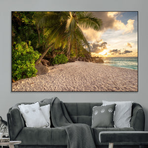 Tropical beach sunset, palm trees, white sand, ocean waves,
