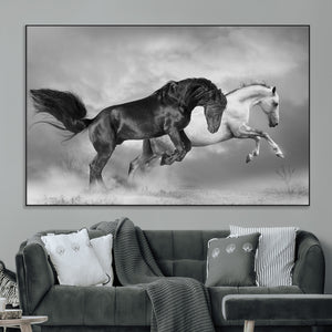 Wild Horses Wall Art Canvas Print – Framed Black and White