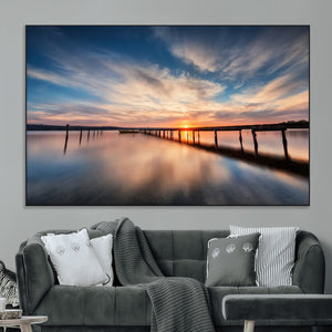 Wooden Pier on Seascape and Sunset Wall Art Canvas Print