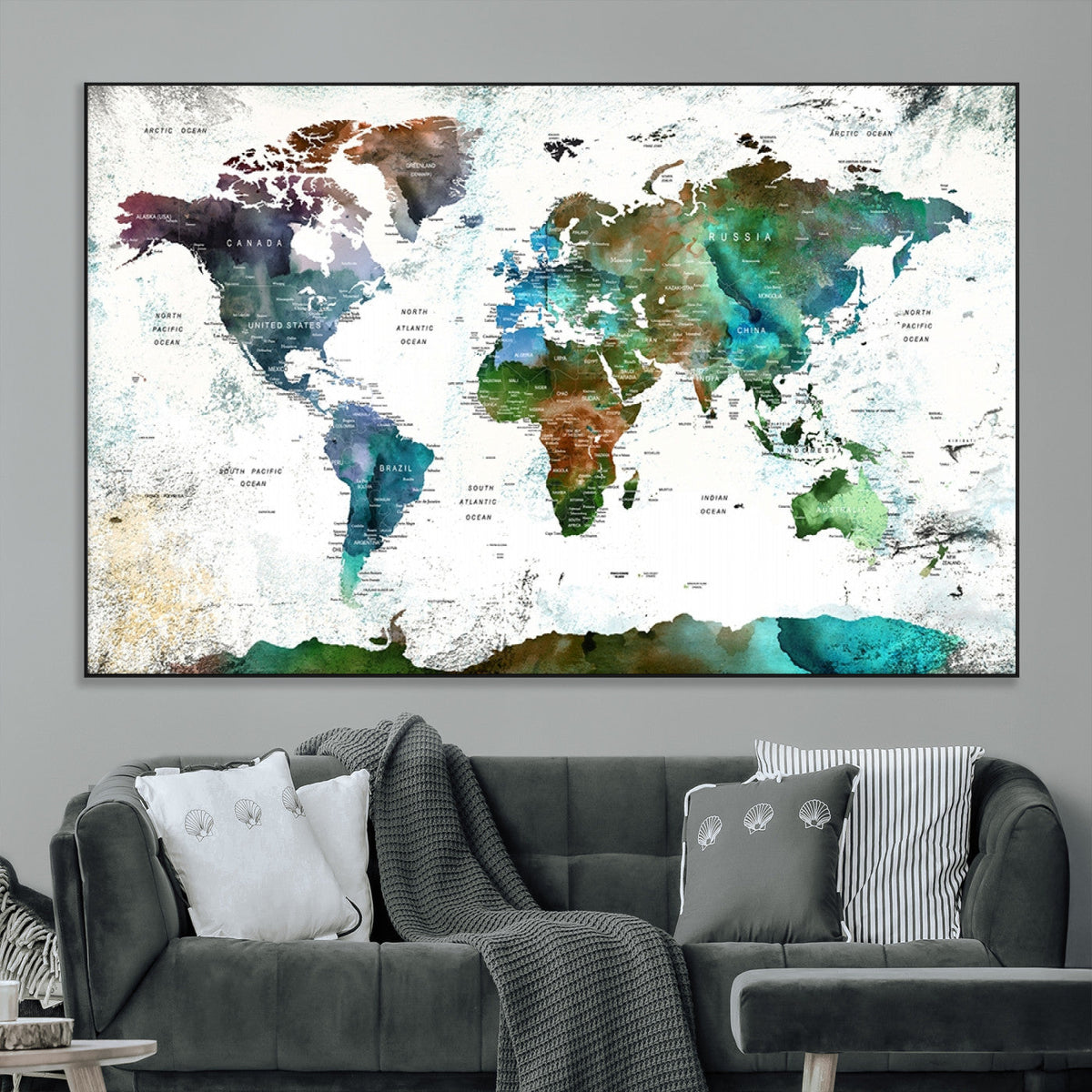 Modern Watercolor World Map Canvas Wall Art – Framed