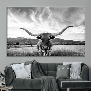 Longhorn Black and White Wall Art – Rustic Western Bull