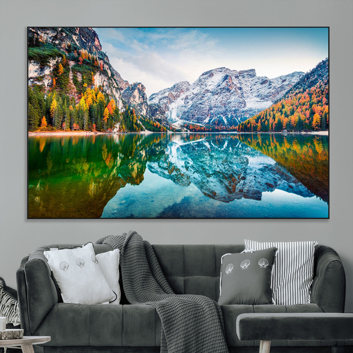 Spectacular autumn view of Braies Lake Wall Art Canvas Print