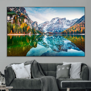 Spectacular autumn view of Braies Lake Wall Art Canvas Print