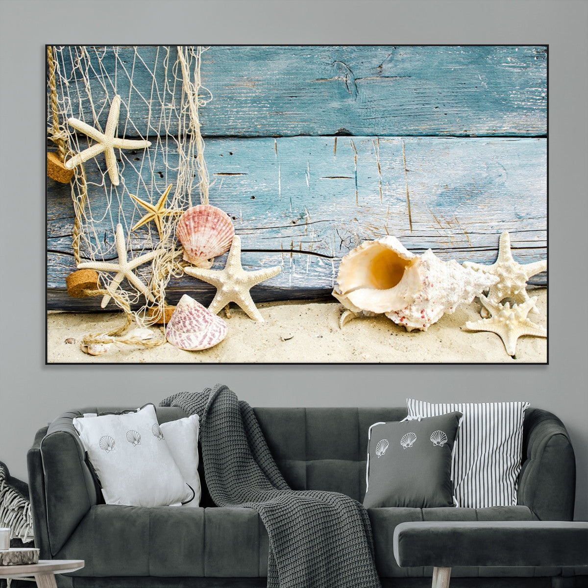 Seashells on Rustic Wooden Background, Seashells Wall Art