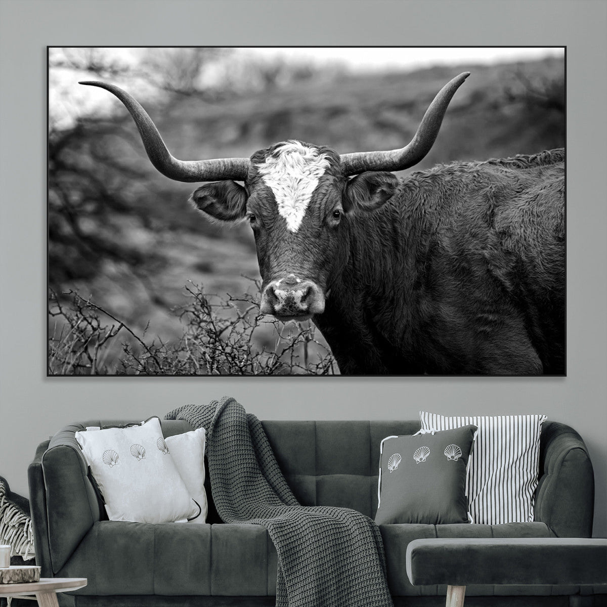 Western Home Wall Art Canvas Print, Framed Texas Longhorn