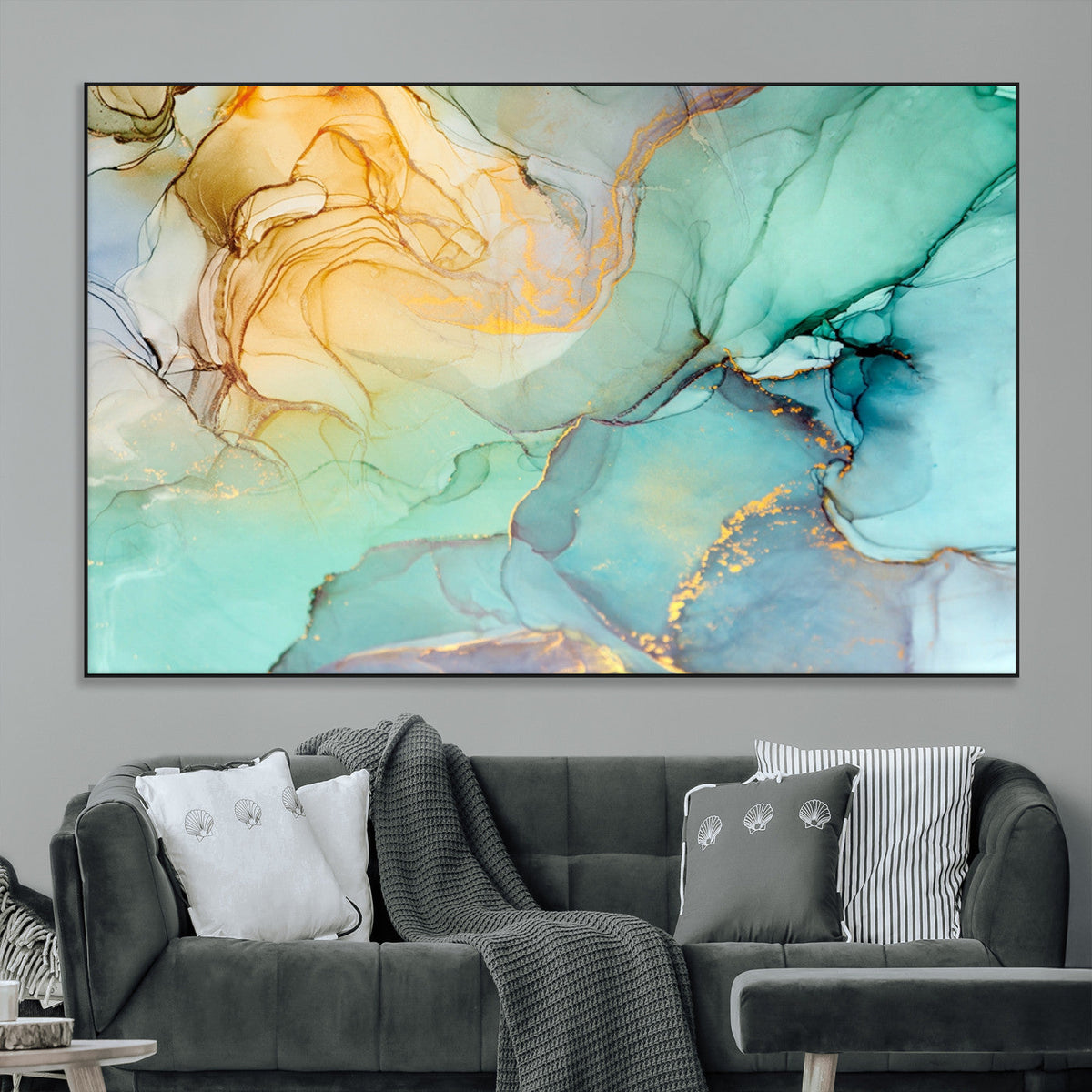 Abstract Aqua and Gold Fluid Wall Art Canvas | 3 Panel Large