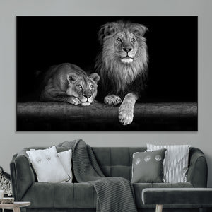 Large Black and White Lion Couple Wall Art Canvas Print –