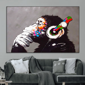 Dj Monkey Listening to Music Wall Art Print | Banksy Monkey