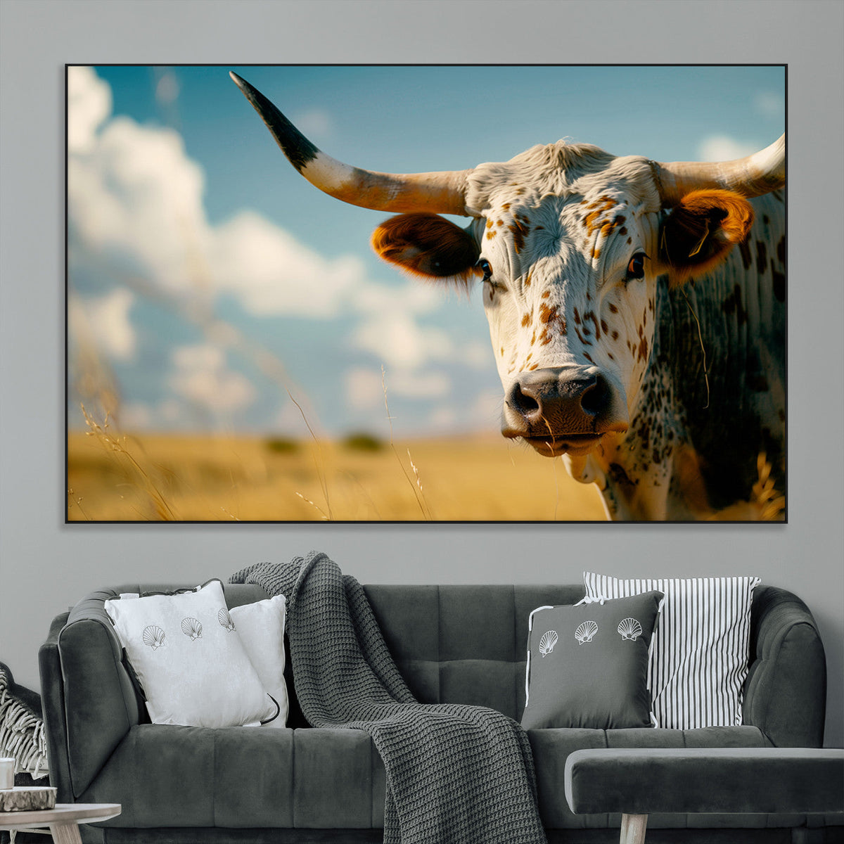 Longhorn in the Prairie - Stunning Ranch-Style Triptych Wall
