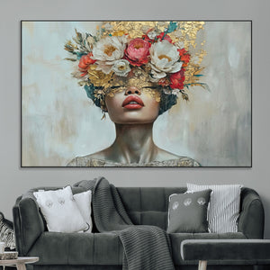 Golden Petal Wall Art Canvas Print - Silhouette Woman Wall