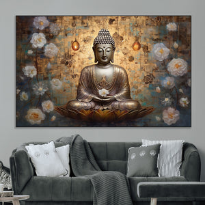 Golden Buddha Wall Art Canvas Print | Zen Meditation Floral