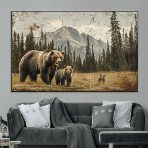 Rustic Grizzly 399 Bear Family Wall Art Canvas Print