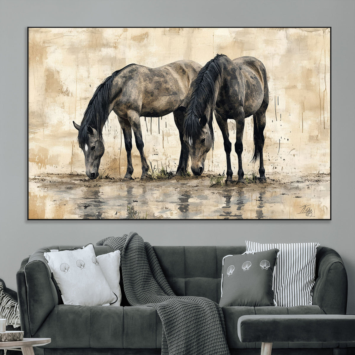 Chinese Style Abstract Black Horses Wall Art Canvas Print -