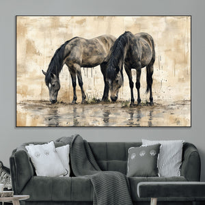 Chinese Style Abstract Black Horses Wall Art Canvas Print -