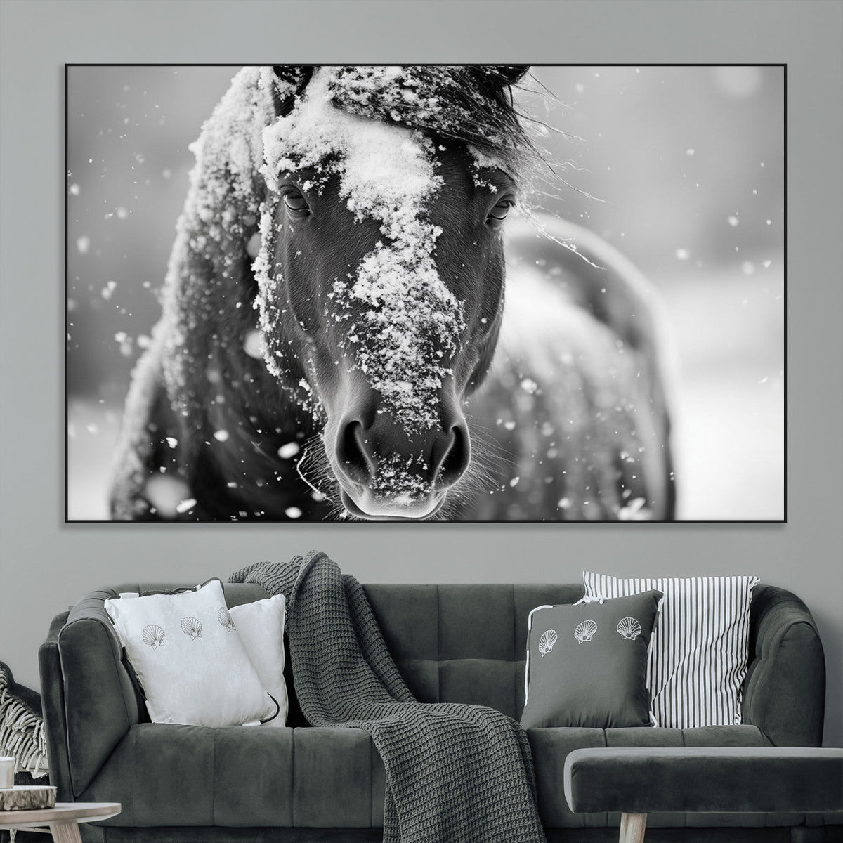 Black and White Horse Winter Wall Art | Ready to Hang and