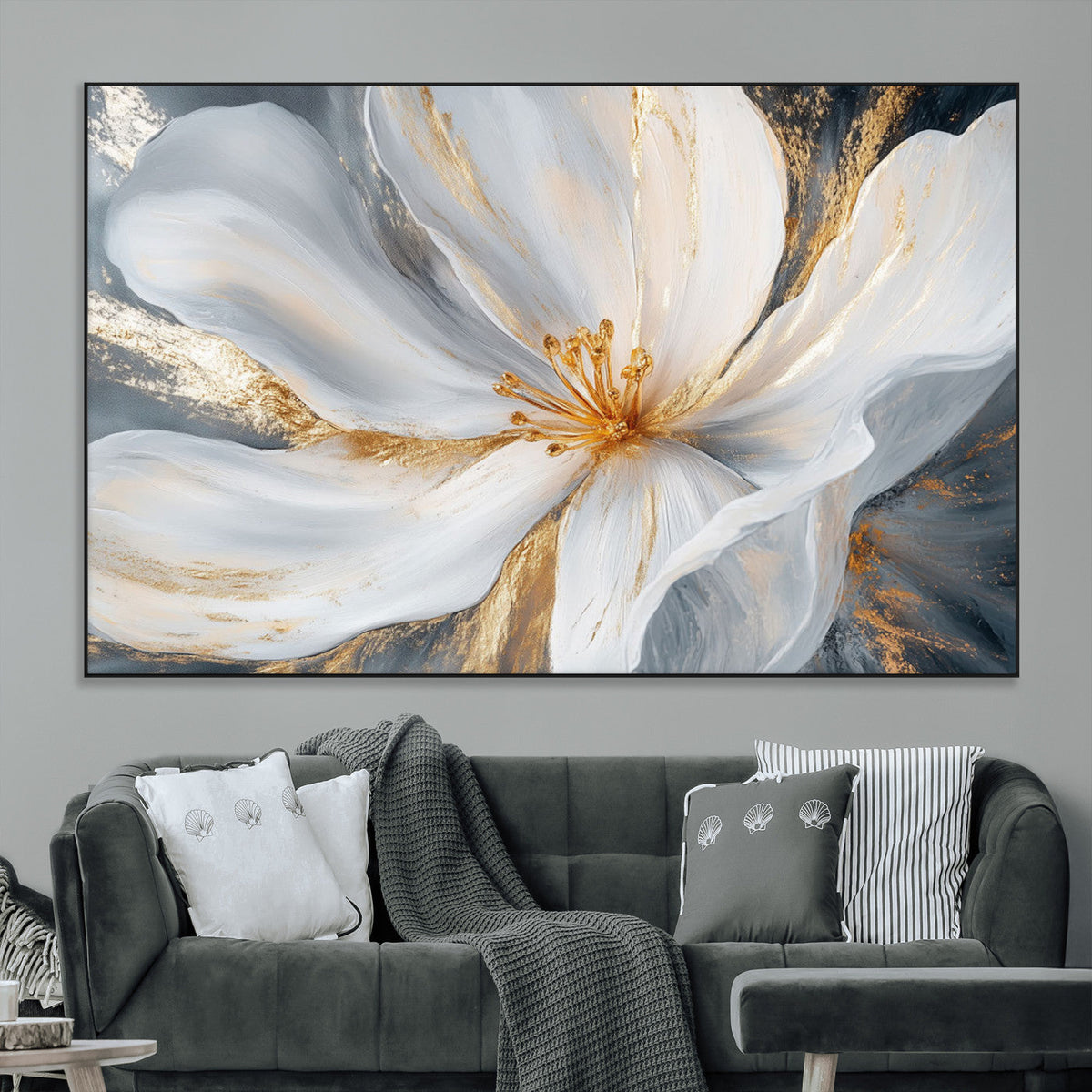 White and Gold Floral Canvas Wall Art - Framed and Ready to