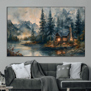 Rustic Cabin Woods Wall Art Print | Lake in a Forest Canvas