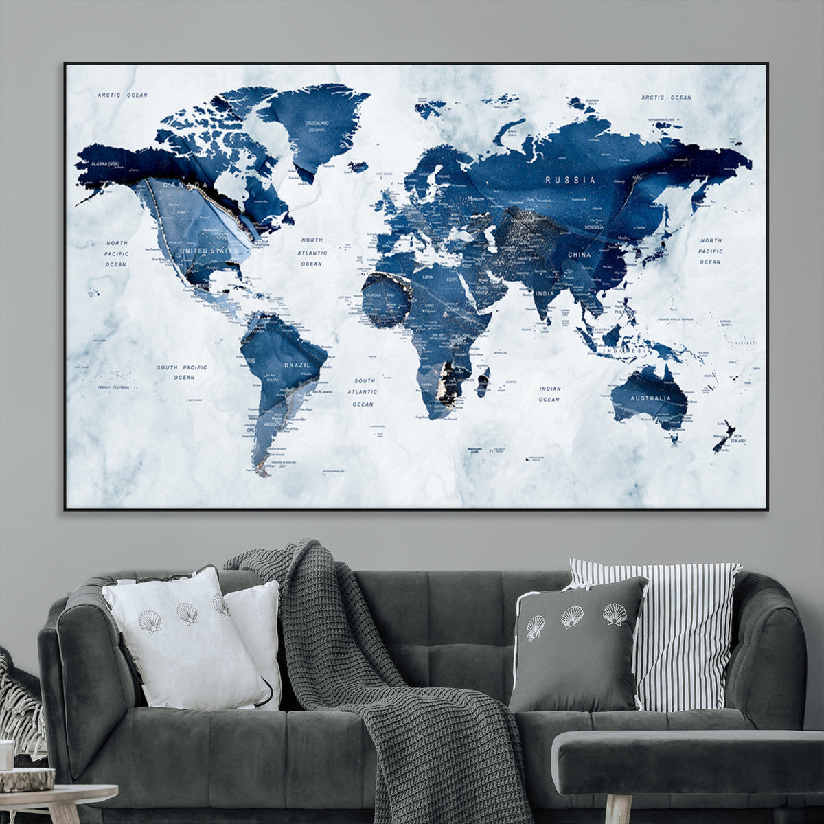 Modern Blue World Map Canvas Print – Framed Wall Art,