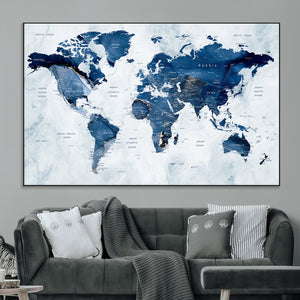 Modern Blue World Map Canvas Print – Framed Wall Art,