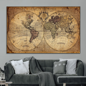 Vintage World Map Wall Art Canvas – Antique Style Push Pin