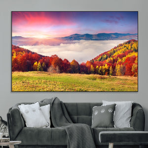 Autumn Mountain Foggy Landscape Wall Art Canvas Print |