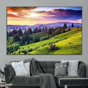 Green Hills and Sunset Wall Art Print - Scenic Landscape
