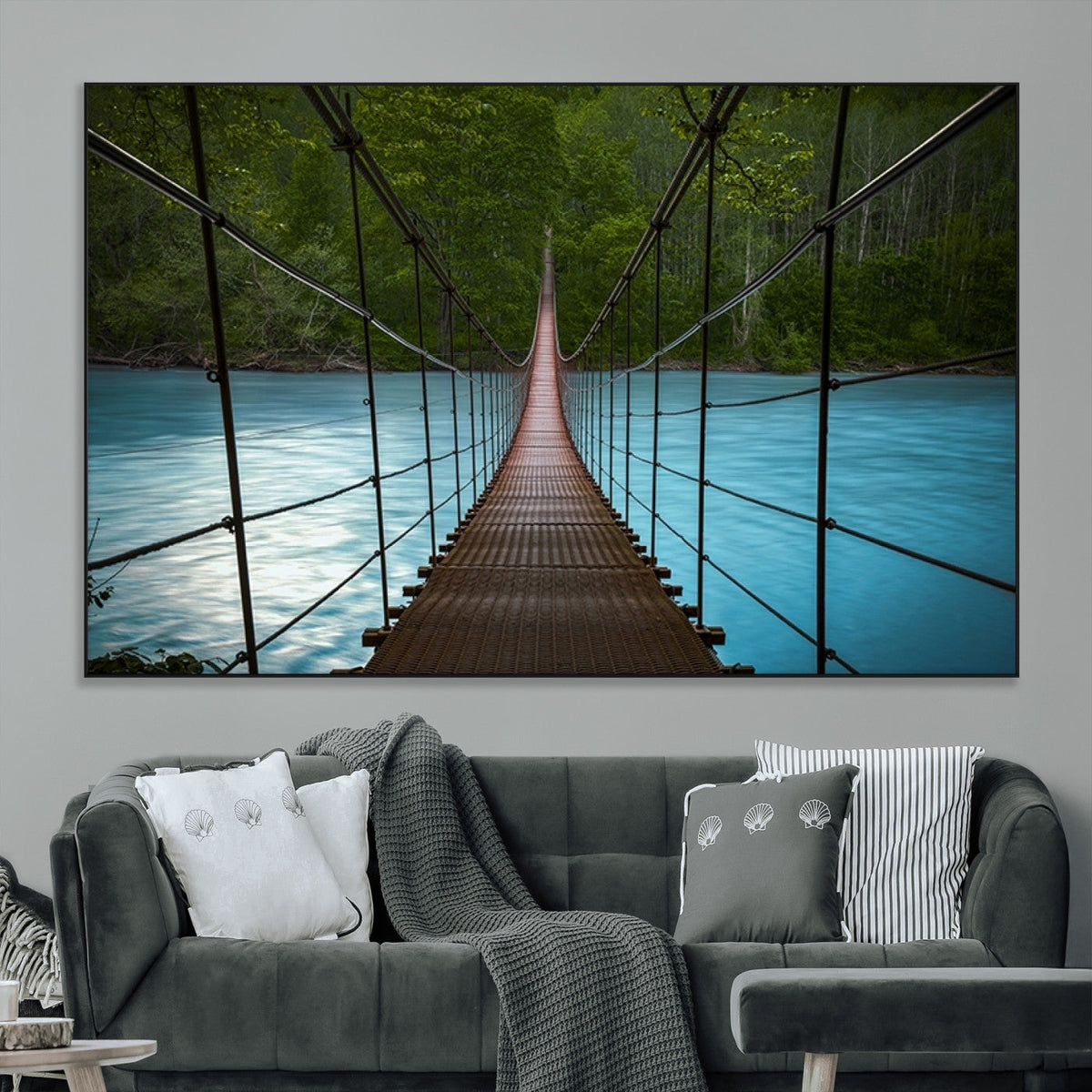 Suspension Bridge Over River Canvas Art | 3-Panel Nature