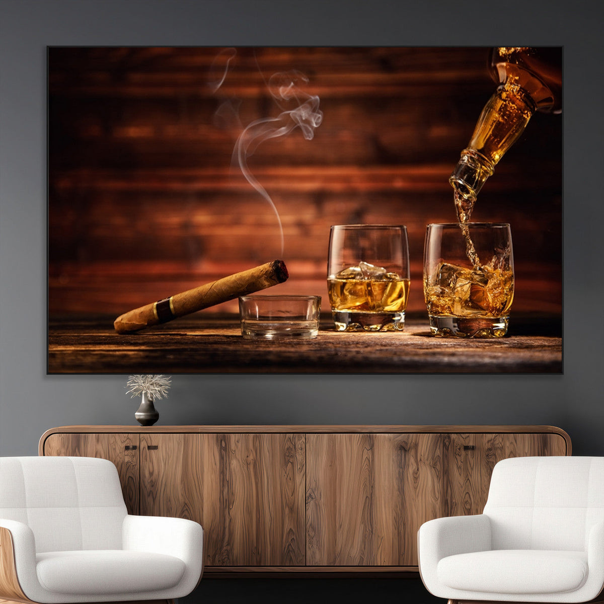 Whiskey and Cigar Wall Art Canvas | 3 Panel Bar Room Decor