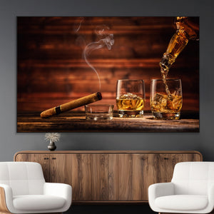 Whiskey and Cigar Wall Art Canvas | 3 Panel Bar Room Decor