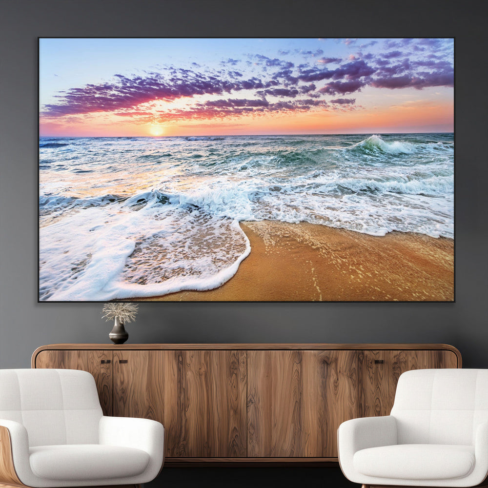 Coastal Sunset Art Beach Canvas Wall Art Print | Ocean Waves