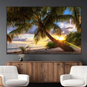 Tropical Island Sunset on the Beach Palms Wall Art Canvas