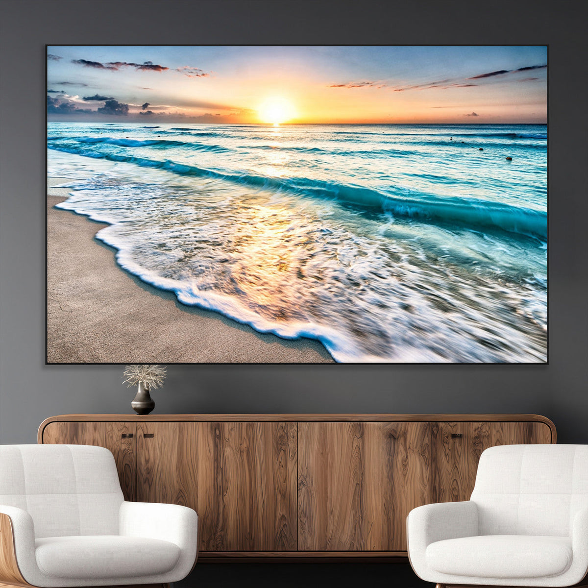 Sunset Beach Waves Canvas Wall Art – 5-Panel Ocean Sunset