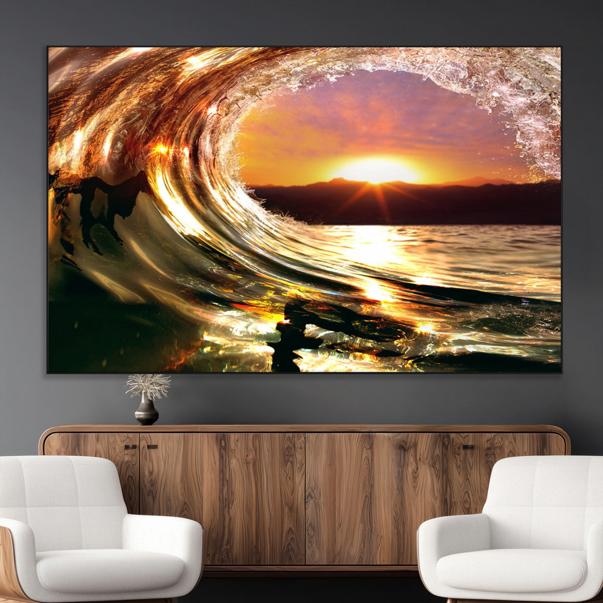 Golden Wave Sunset Triptych Canvas Art, Giclee Canvas Print