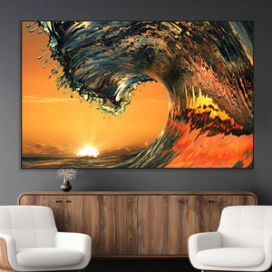 Surf Wave Sunset Canvas Wall Art Print, 3-Panel Ocean