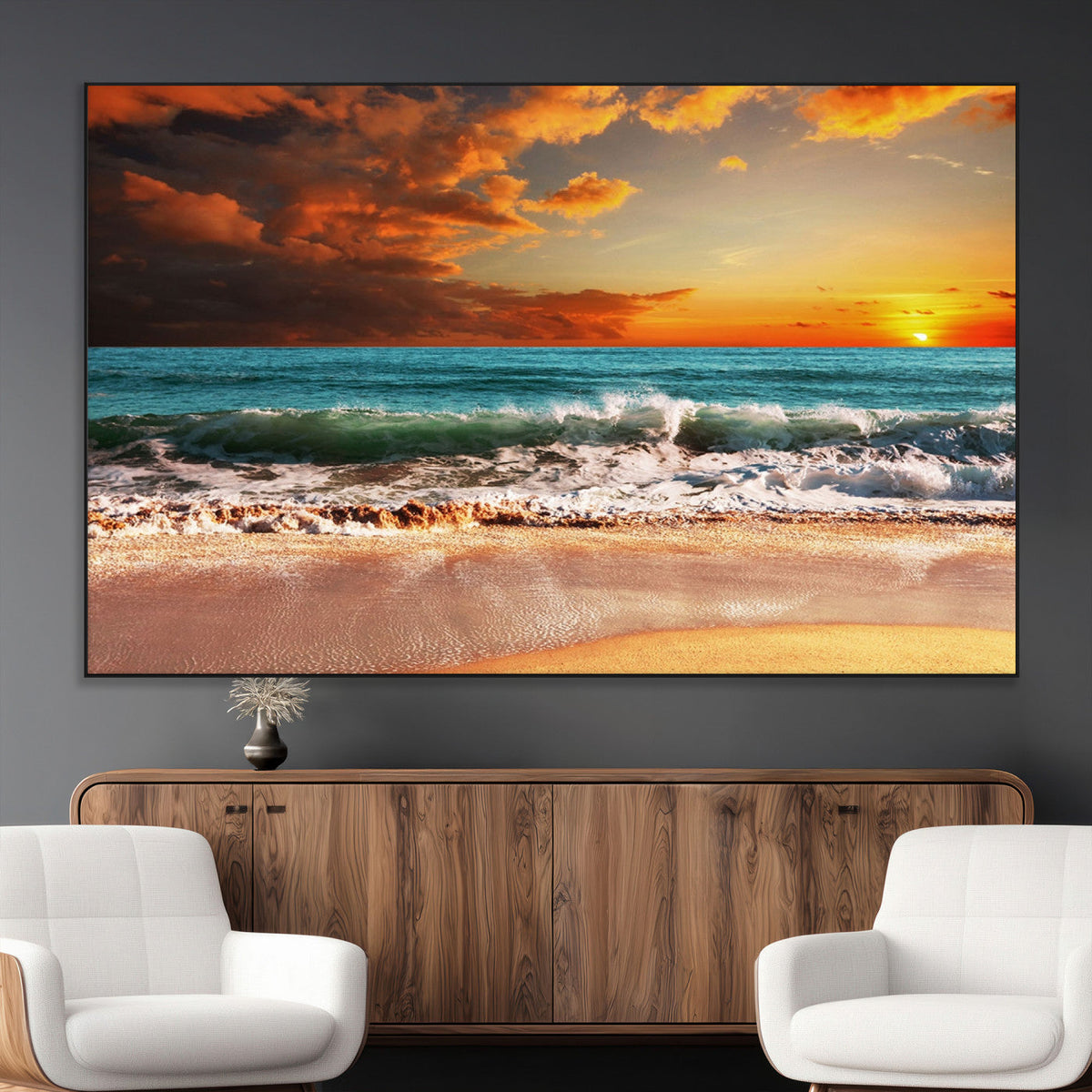 Golden Sunset Beach Canvas Wall Art – Triptych Seascape