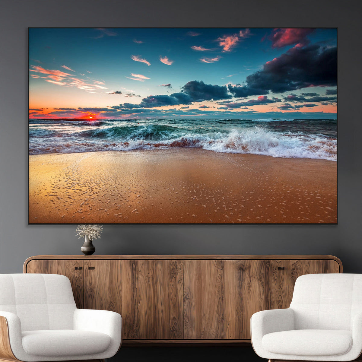 Sunset on Beach Wall Art Ocean Beach Canvas Print