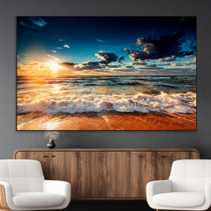 Golden Hour Sunset Over Ocean Waves Wall Art Canvas Print |