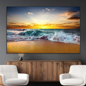 Golden Sunset Ocean Waves Wall Art Canvas Print – Multi