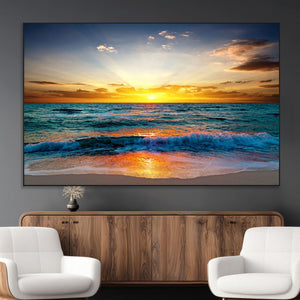 Vibrant Ocean Sunrise Over Golden Beach Waves, Giclee Canvas
