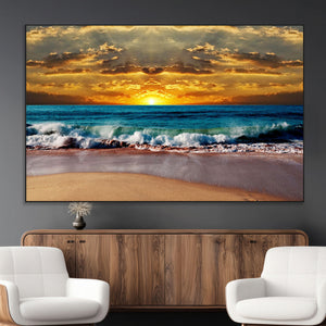 Ocean Sunrise Over Golden Beach Waves, Giclee Canvas Wall