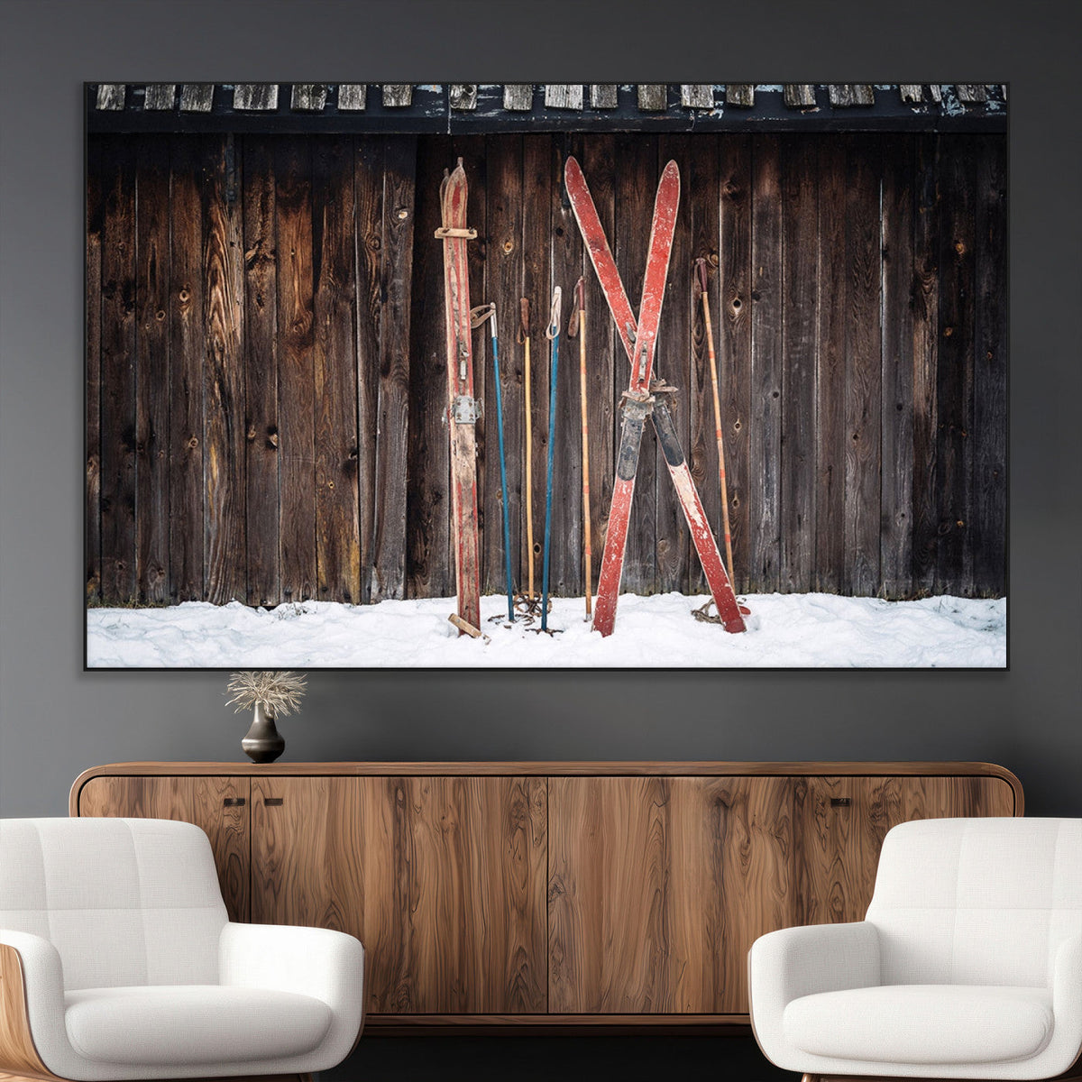 Vintage Ski Gear Canvas Print, Vintage Ski Gear Against