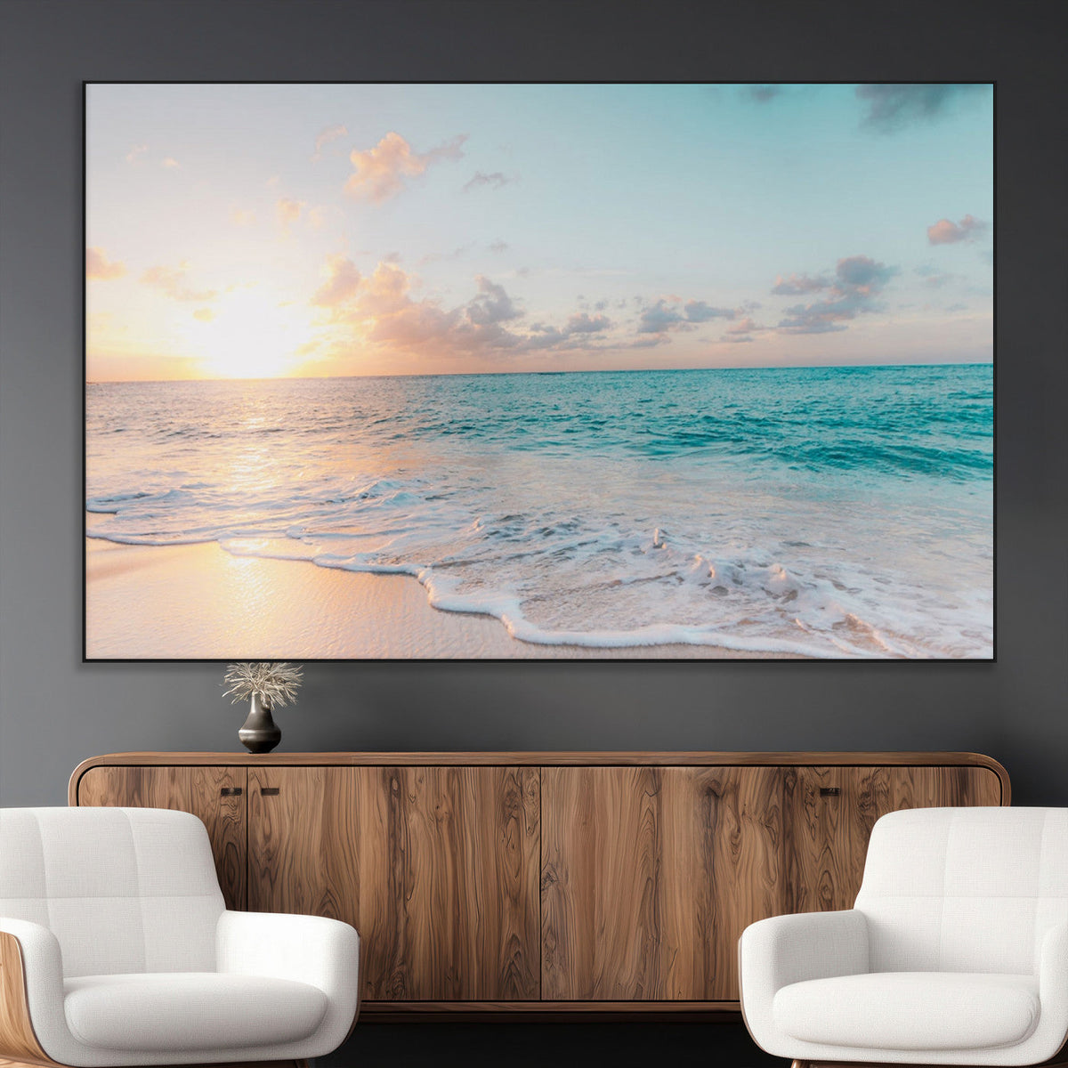 Tranquil Ocean Beach Sunset Canvas Wall Art | 3-Panel