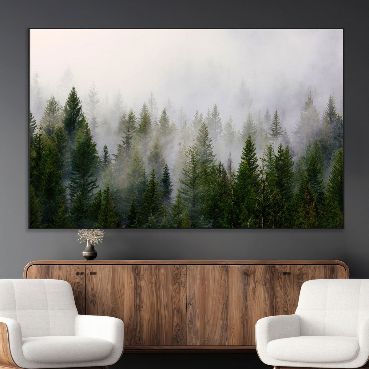Misty Pine Forest Wall Art Canvas Print | 3 Panel Green