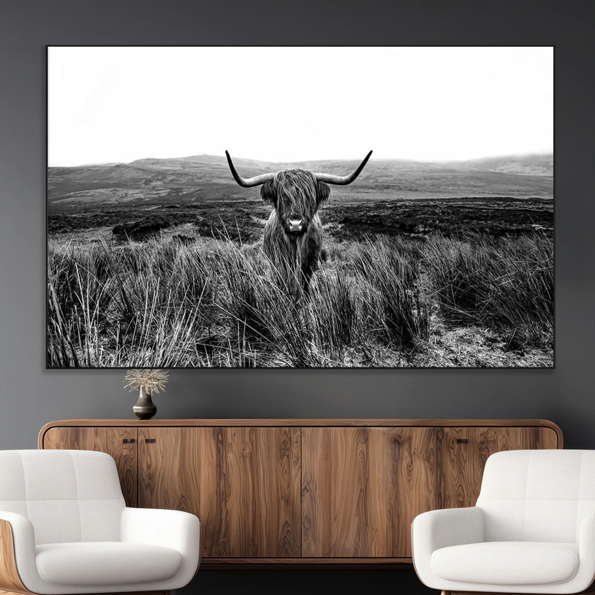 Black and White Highland Cow Canvas Wall Art, Longhorn