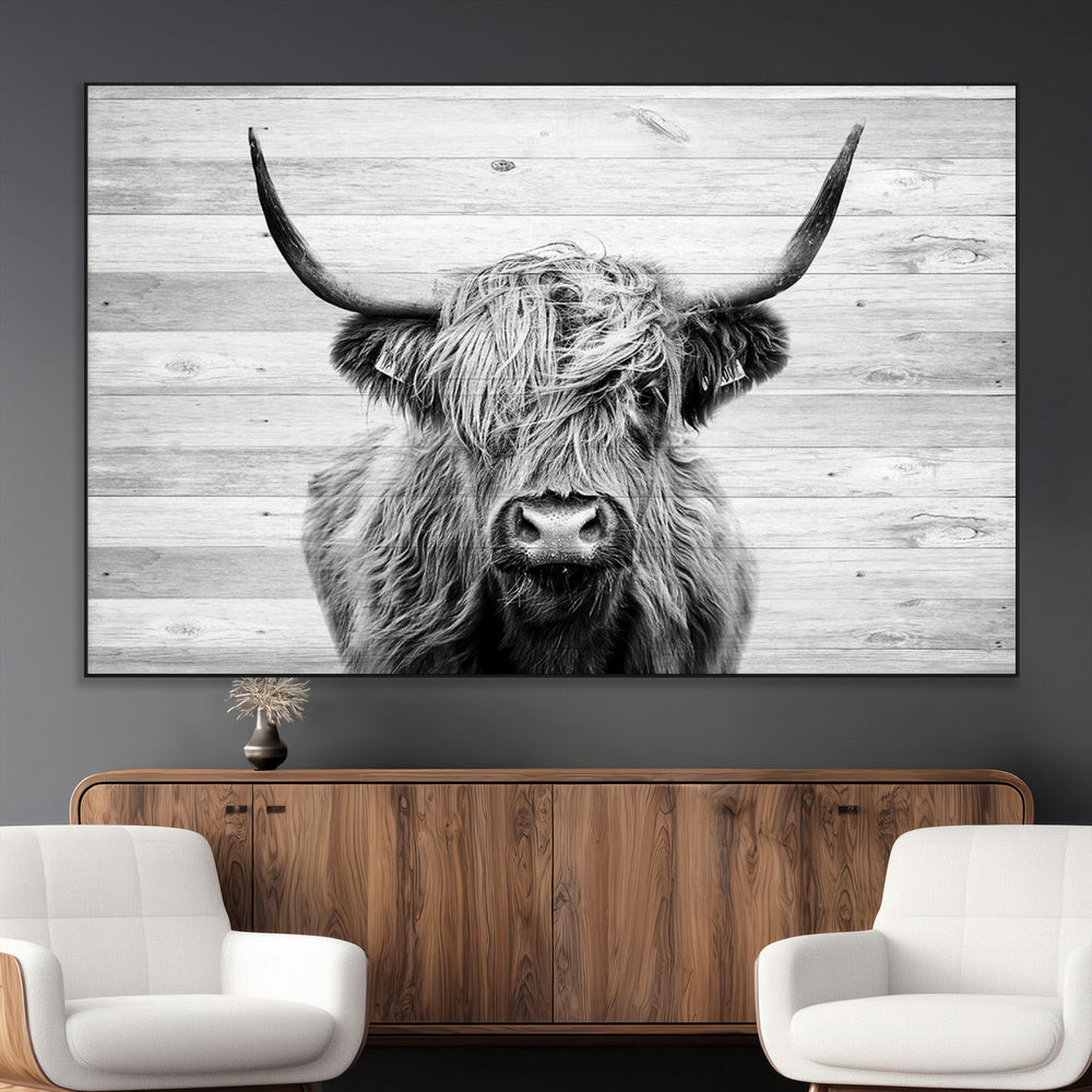 Scottish Highland Cow Cattle Art Print on Wood Background