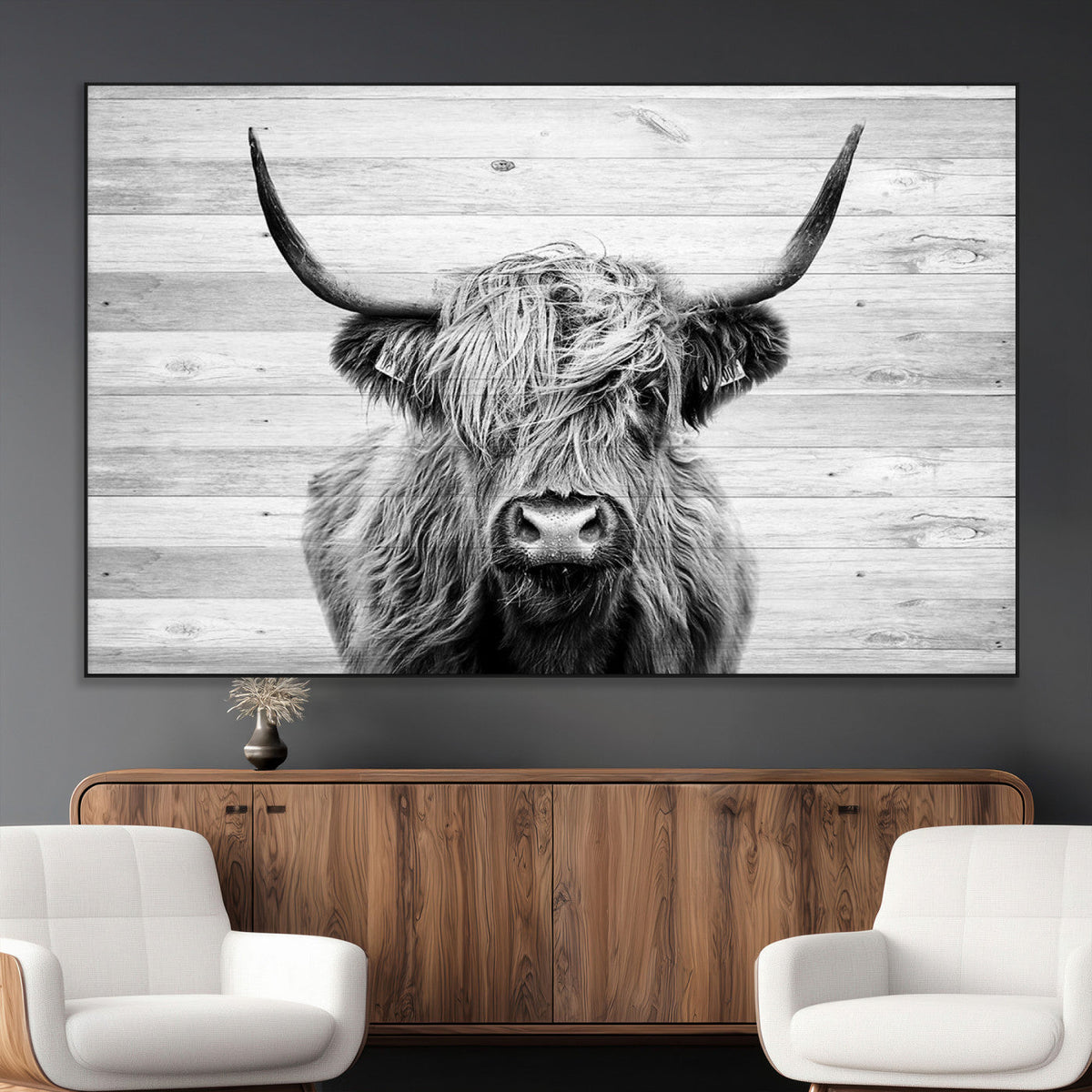 Scottish Highland Cow Cattle Art Print on Wood Background