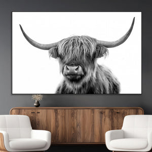 Grayscale Scottish Highland Cow Cattle Art Print Farmhouse